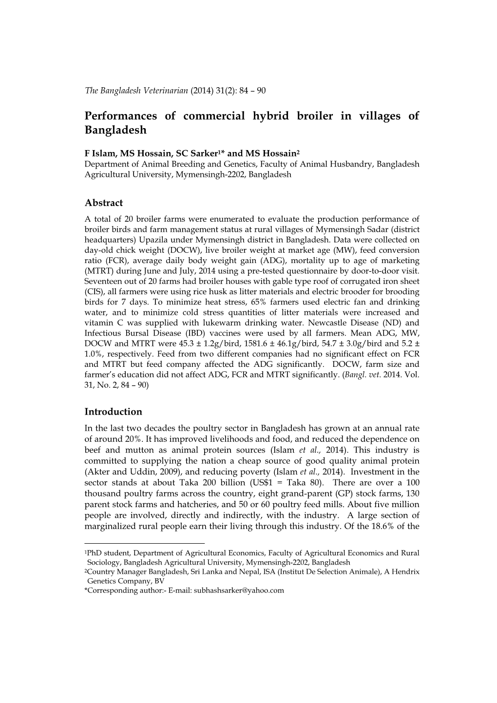 Performances of Commercial Hybrid Broiler in Villages of Bangladesh