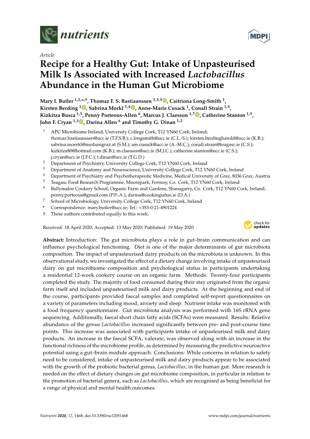 Recipe for a Healthy Gut: Intake of Unpasteurised Milk Is Associated with Increased Lactobacillus Abundance in the Human Gut Microbiome