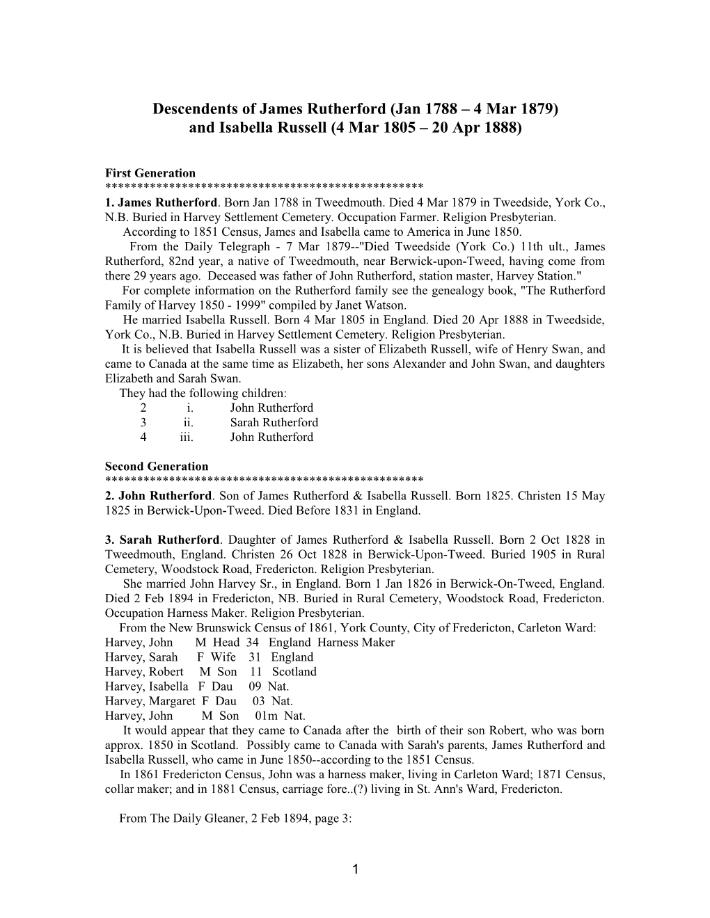 Descendents of James Rutherford (Jan 1788 4 Mar 1879)