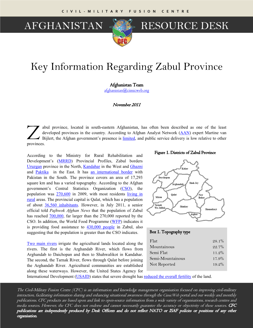 Key Information Regarding Zabul Province, Afghanistan