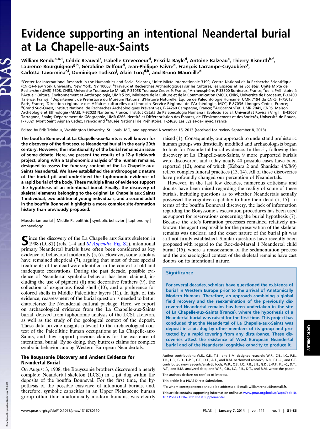 Evidence Supporting an Intentional Neandertal Burial at La Chapelle-Aux-Saints