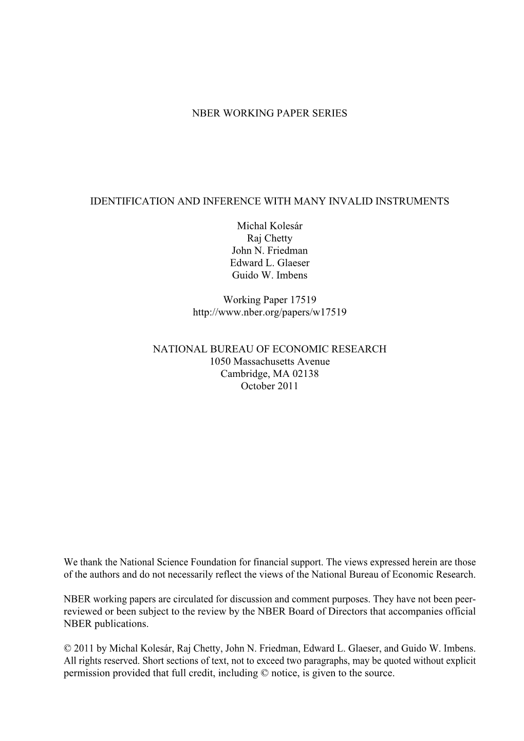 Nber Working Paper Series Identification And