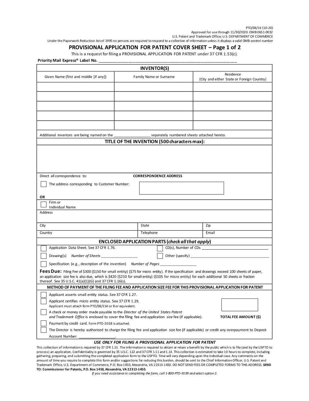 PROVISIONAL APPLICATION for PATENT COVER SHEET – Page 1 of 2 This Is a Request for Filing a PROVISIONAL APPLICATION for PATENT Under 37 CFR 1.53(C)