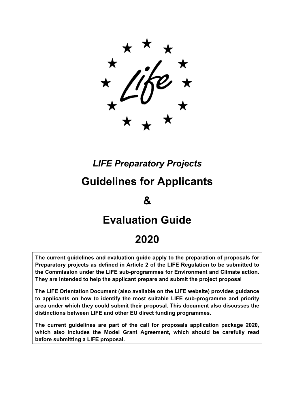 LIFE Preparatory Projects Guidelines for Applicants & Evaluation Guide 2020