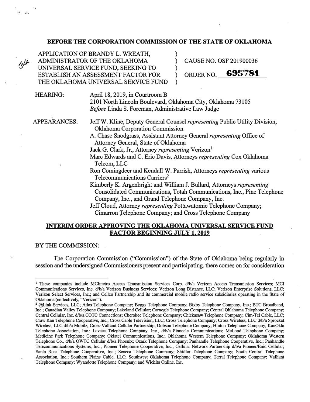 Interim Order Approving the Oklahoma Universal Service Fund Factor Beginning July 1, 2019