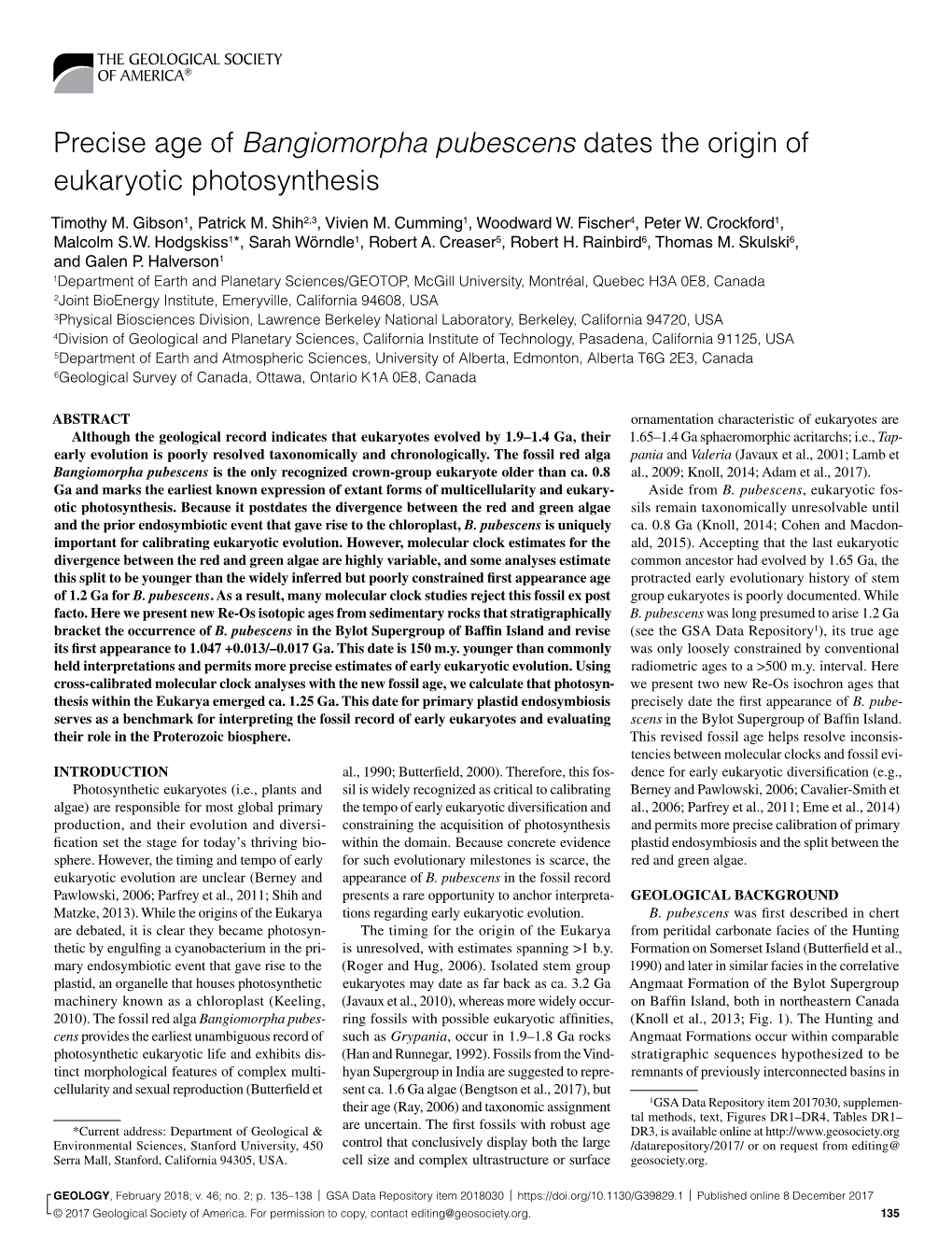 Bangiomorpha Pubescens Dates the Origin of Eukaryotic Photosynthesis