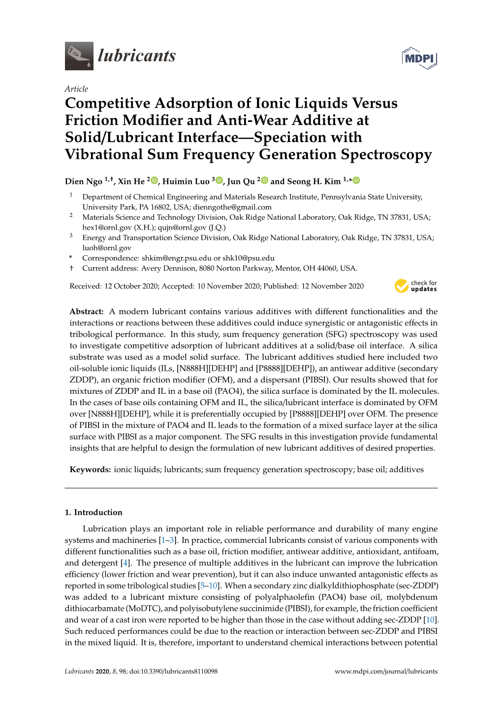 Competitive Adsorption of Ionic Liquids Versus Friction Modifier and Anti-Wear Additive at Solid/Lubricant Interface—Speciatio