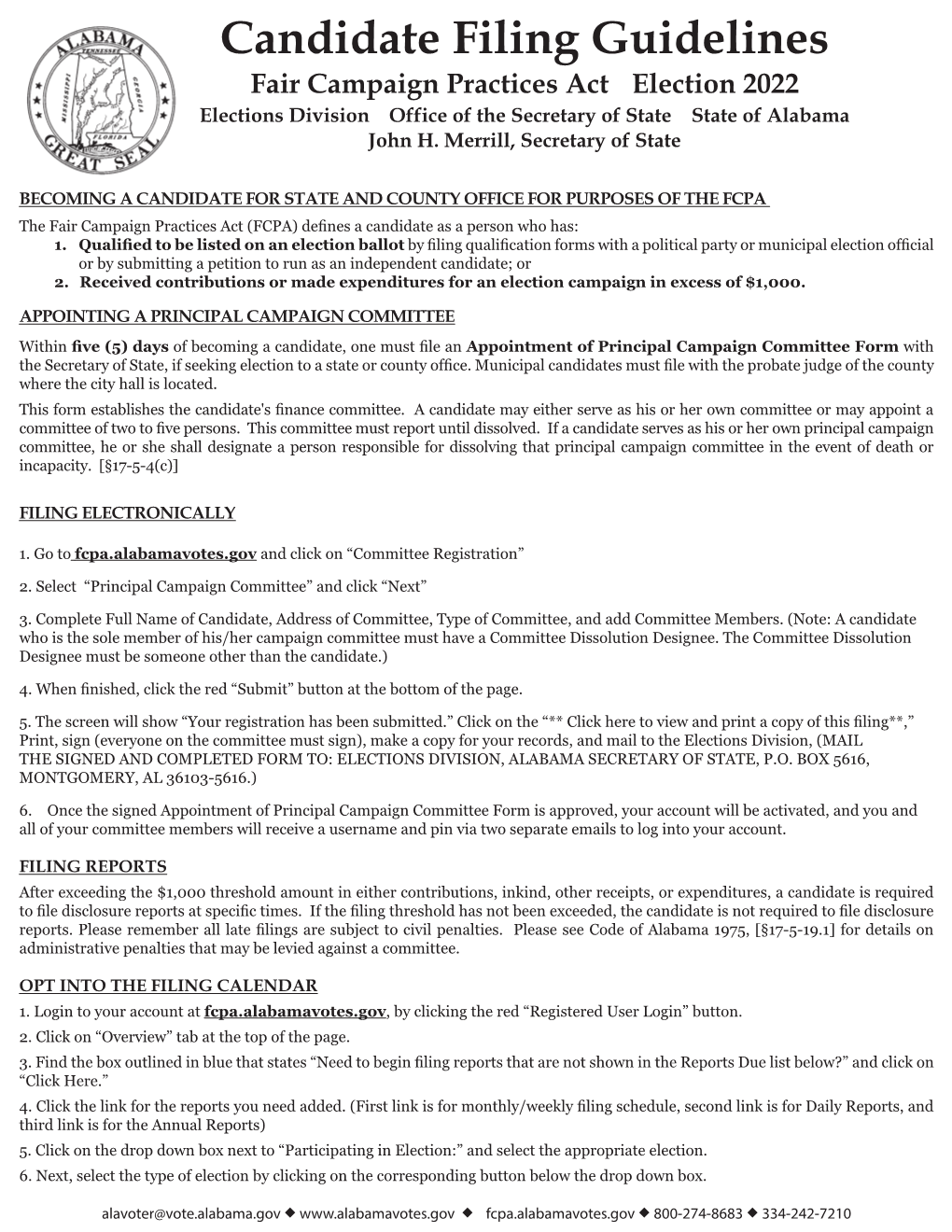 Candidate Filing Guidelines Fair Campaign Practices Act Election 2022 Elections Division Office of the Secretary of State State of Alabama John H