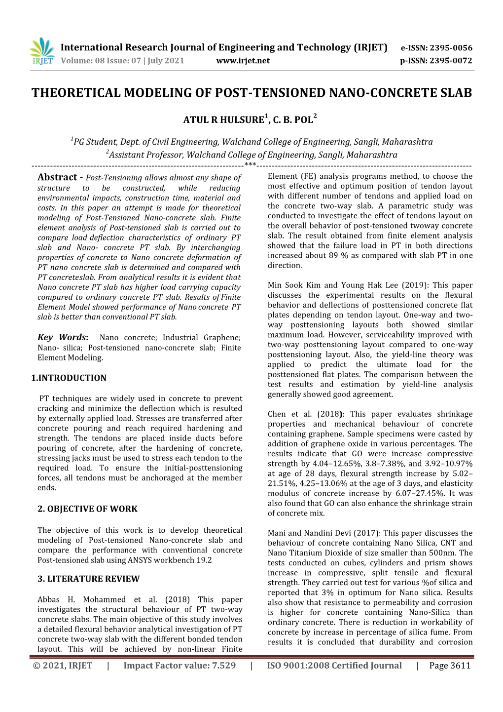 Theoretical Modeling of Post-Tensioned Nano-Concrete Slab