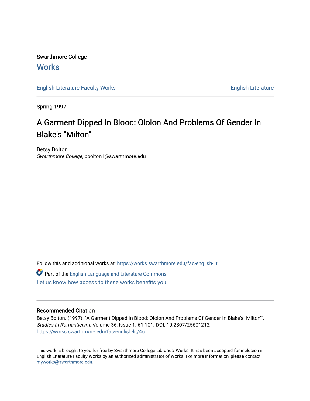 Ololon and Problems of Gender in Blake's 