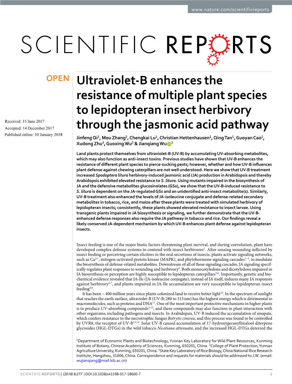 Ultraviolet-B Enhances the Resistance of Multiple Plant Species To