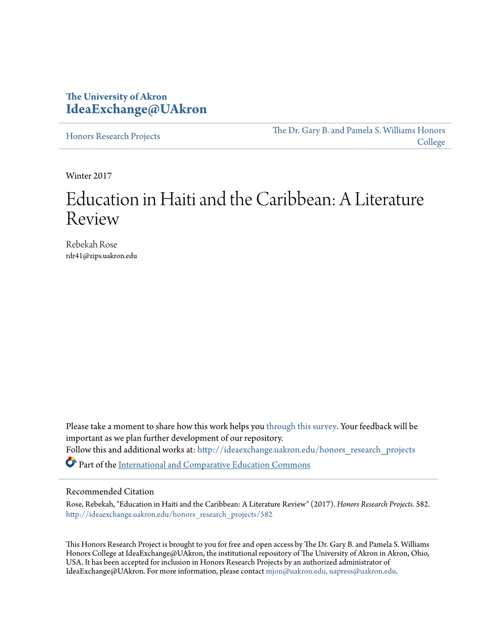 Education in Haiti and the Caribbean: a Literature Review Rebekah Rose Rdr41@Zips.Uakron.Edu