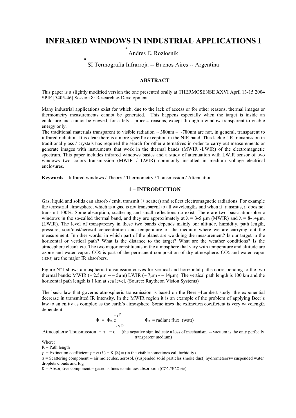 INFRARED WINDOWS in INDUSTRIAL APPLICATIONS I a Andres E