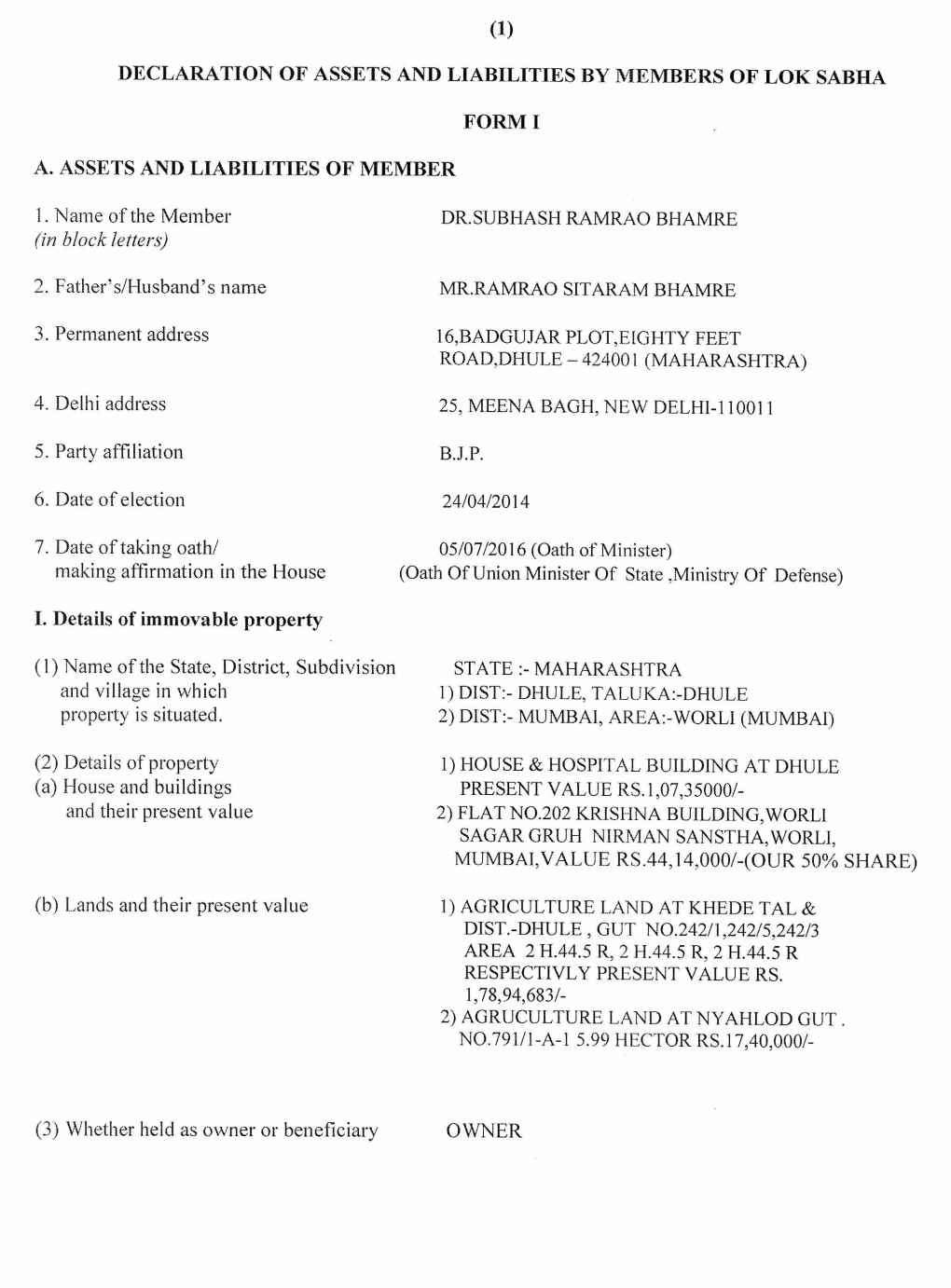 (1) Declaration of Assets and Liabilities by Members of Lok