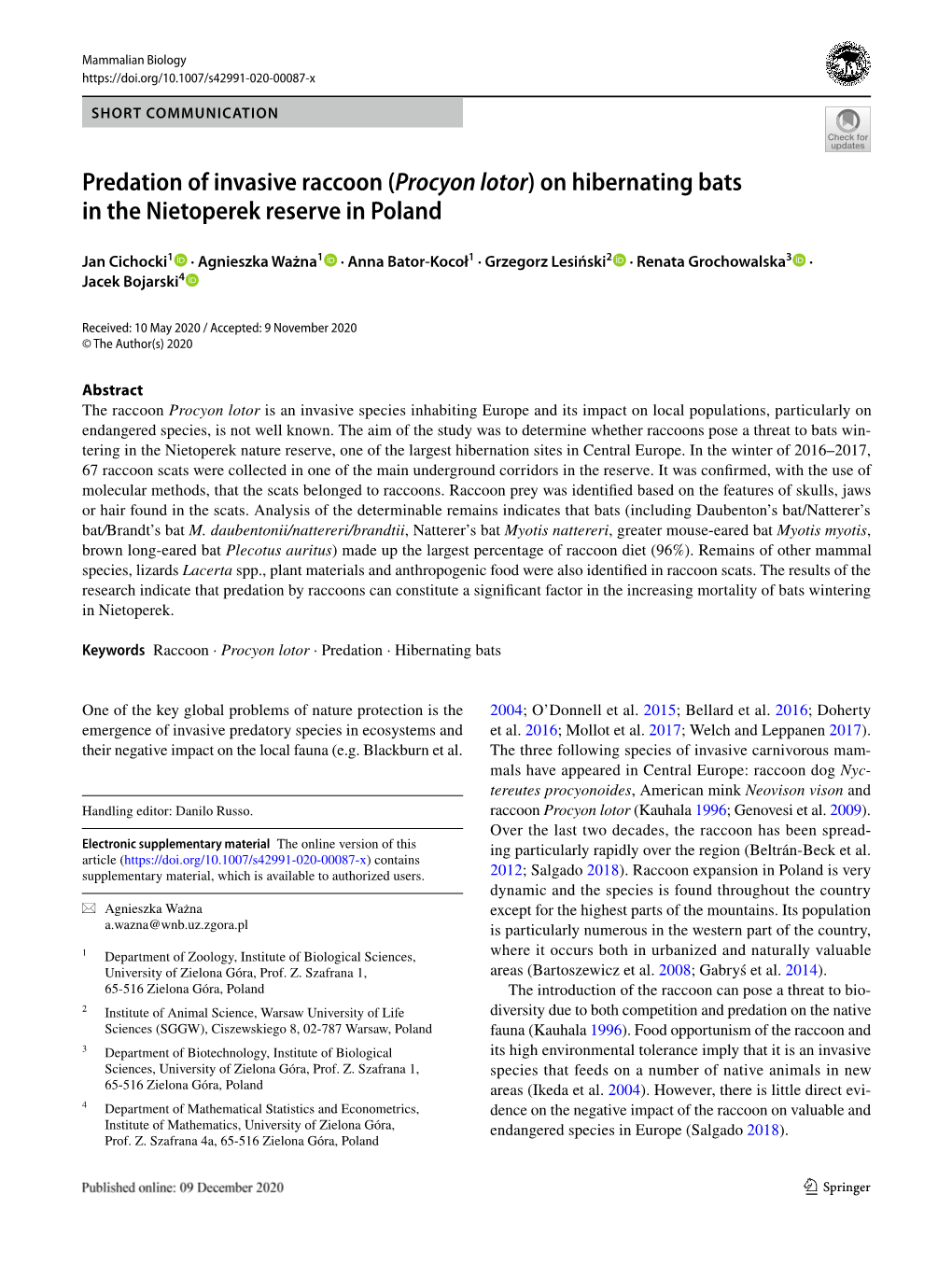 (Procyon Lotor) on Hibernating Bats in the Nietoperek Reserve in Poland