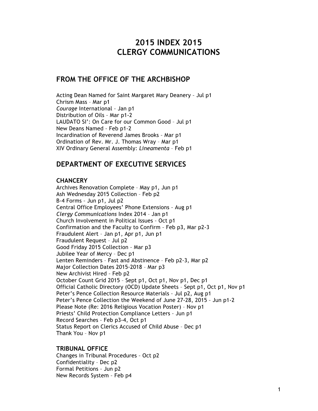 2015 Index 2015 Clergy Communications