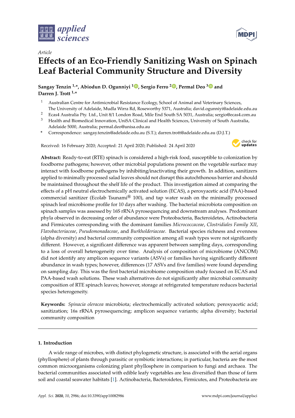 Effects of an Eco-Friendly Sanitizing Wash on Spinach Leaf Bacterial Community Structure and Diversity