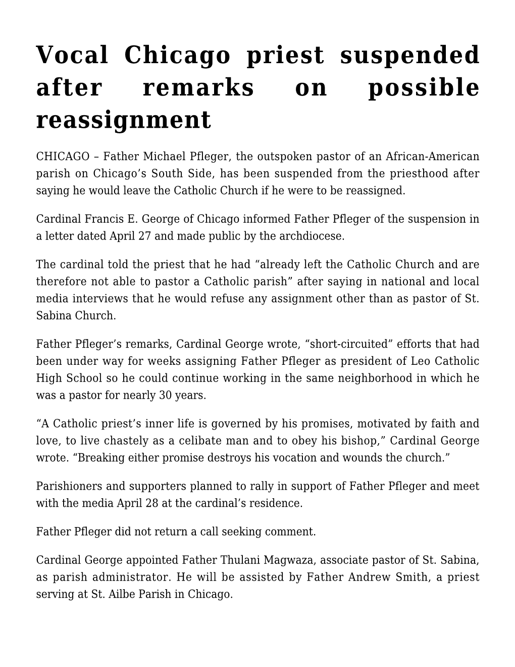 Vocal Chicago Priest Suspended After Remarks on Possible Reassignment