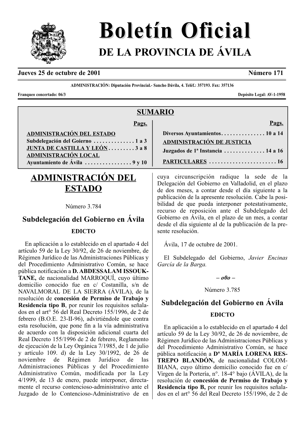 BOLETÍN OFICIAL DE ÁVILA 25 De Octubre De 2001 Febrero (B.O.E