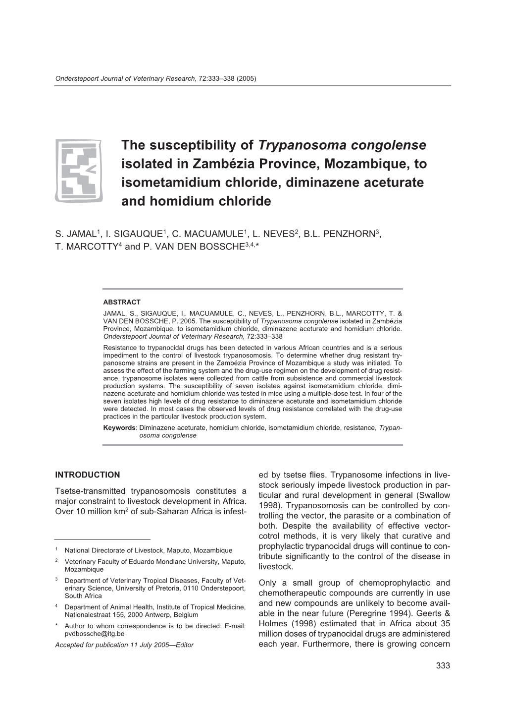 The Susceptibility of Trypanosoma Congolense Isolated in Zambézia Province, Mozambique, to Isometamidium Chloride, Diminazene Aceturate and Homidium Chloride