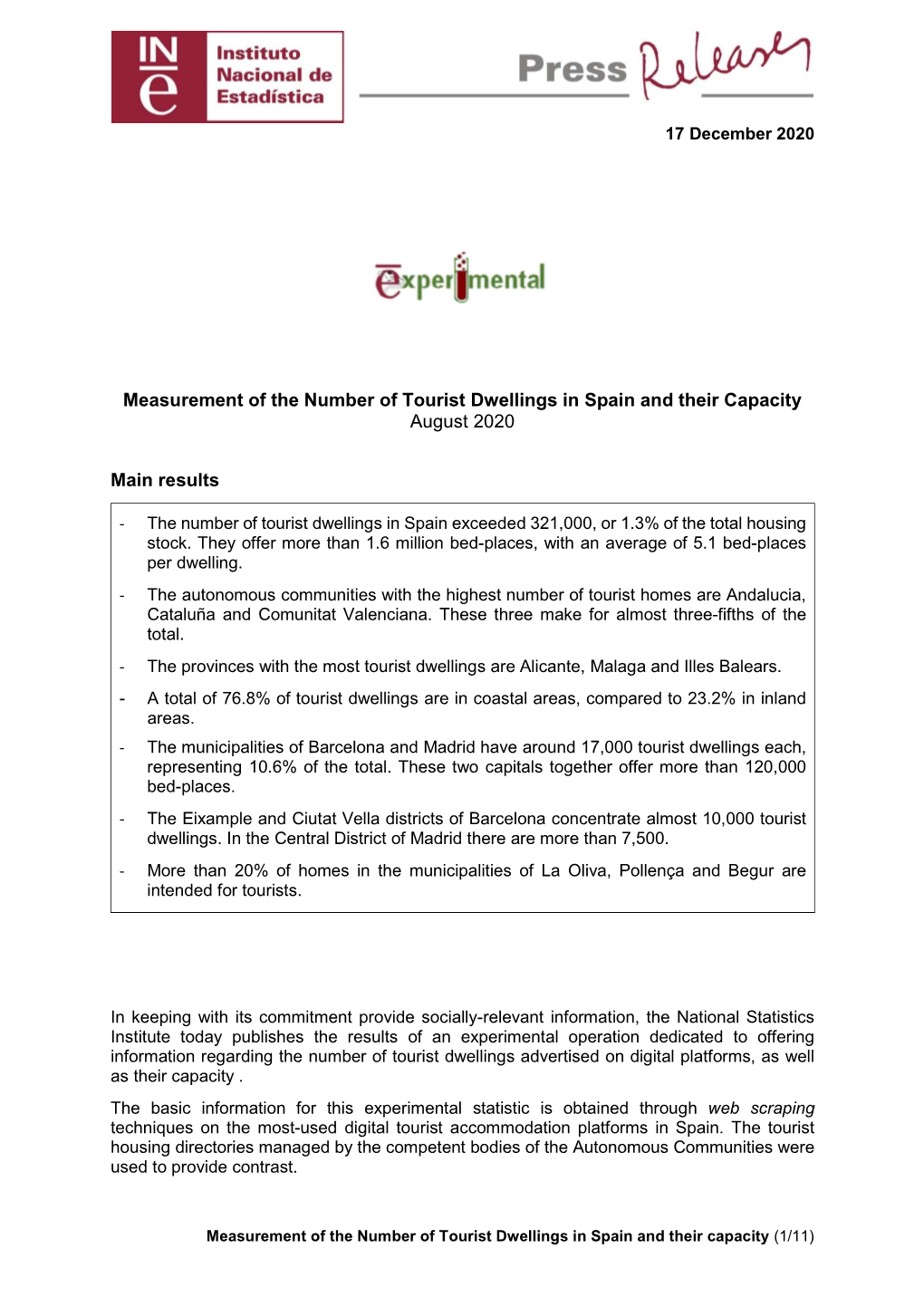 Measurement of the Number of Tourist Dwellings in Spain and Their Capacity August 2020