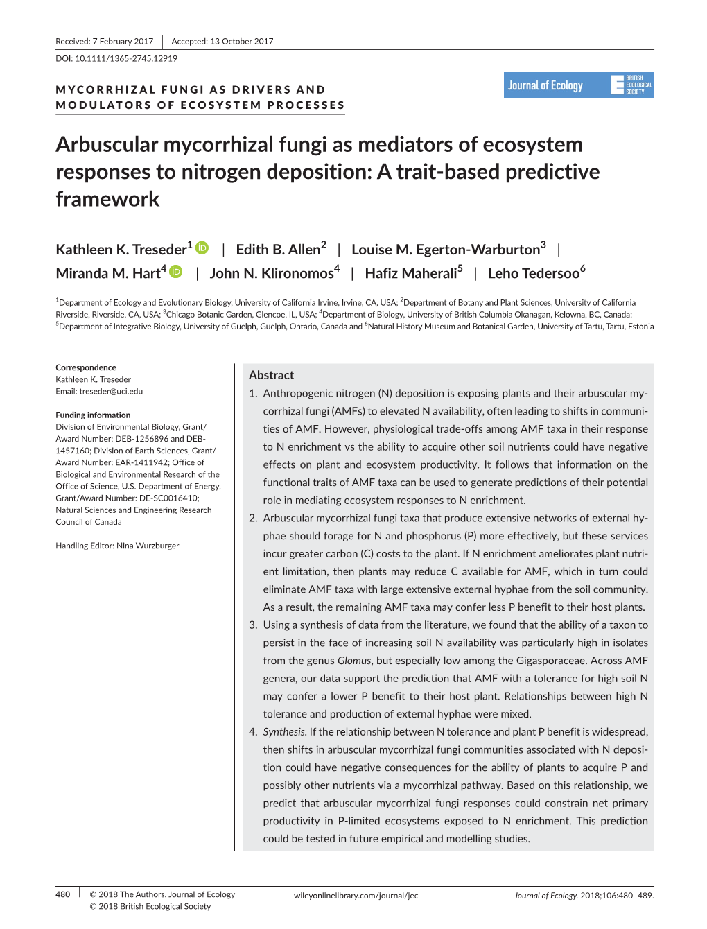 Arbuscular Mycorrhizal Fungi As Mediators of Ecosystem Responses to Nitrogen Deposition: a Trait-­Based Predictive Framework
