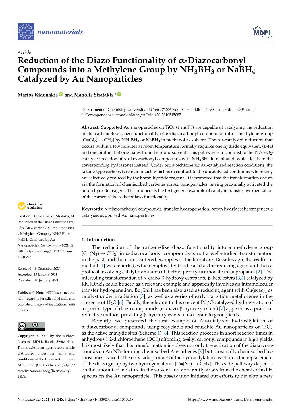 Reduction of the Diazo Functionality of Α-Diazocarbonyl Compounds Into a Methylene Group by NH3BH3 Or Nabh4 Catalyzed by Au Nanoparticles