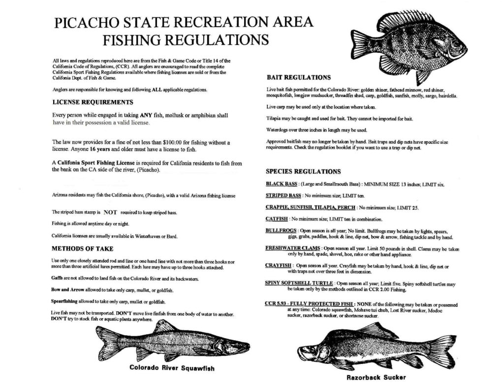 Picacho State Recreation Area Fishing Regulations