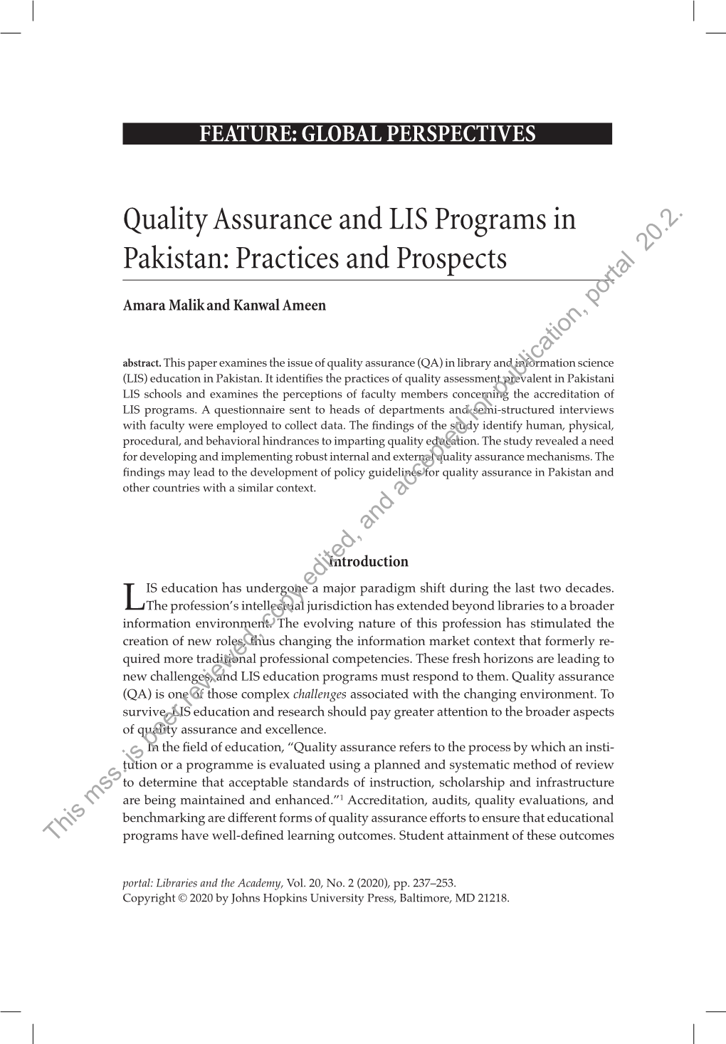 Quality Assurance and LIS Programs in Pakistan: Practices and Prospects 20.2