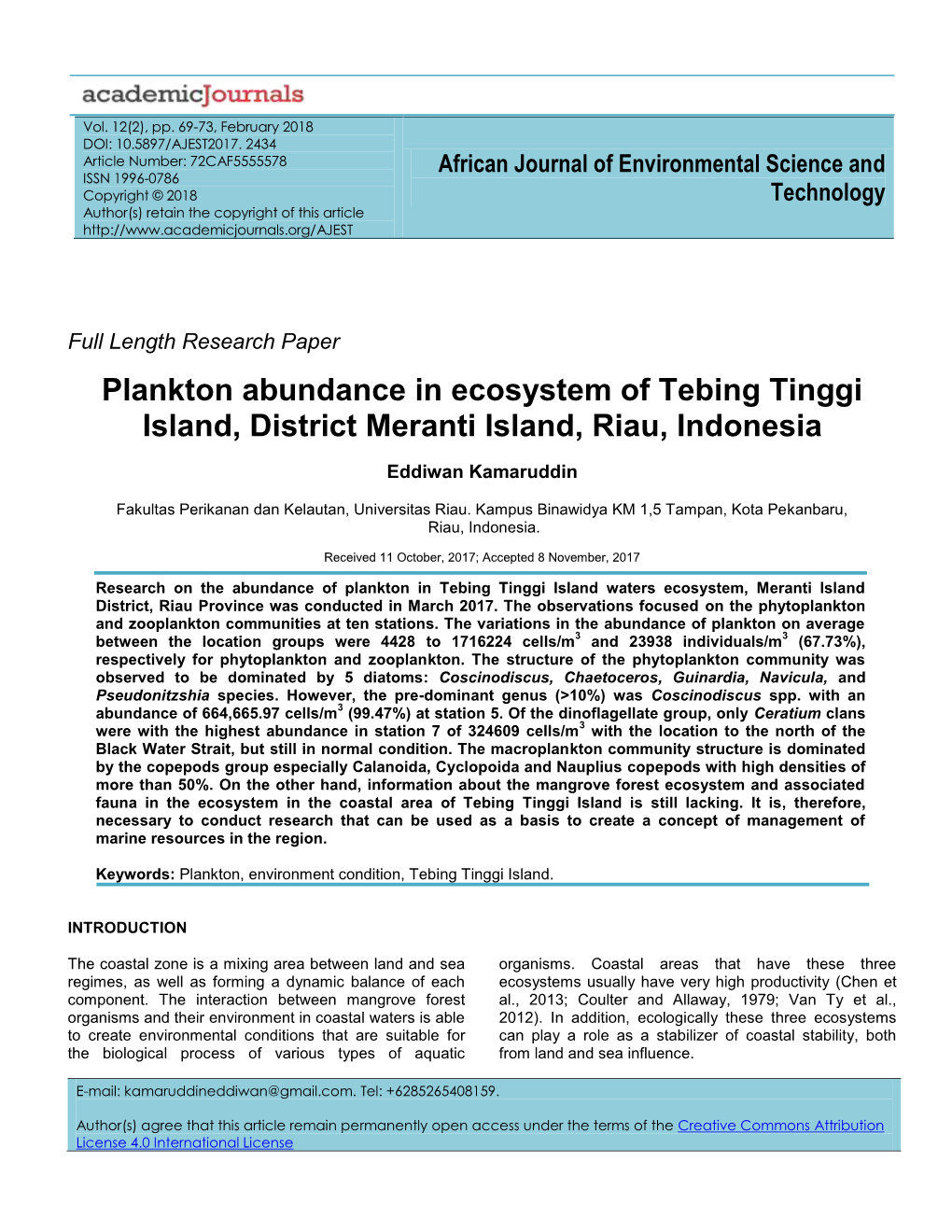 Plankton Abundance in Ecosystem of Tebing Tinggi Island, District Meranti Island, Riau, Indonesia