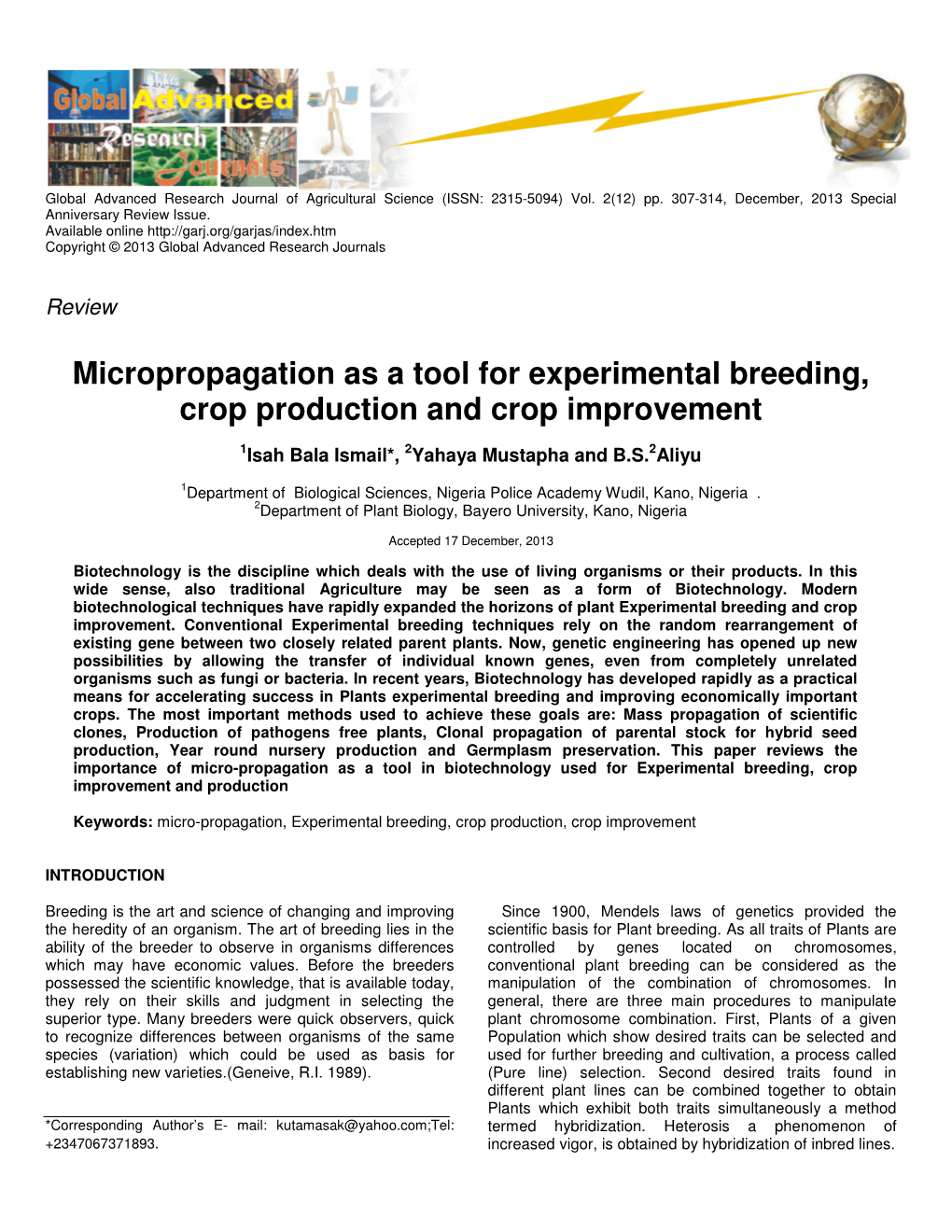 Micropropagation As a Tool for Experimental Breeding, Crop Production and Crop Improvement
