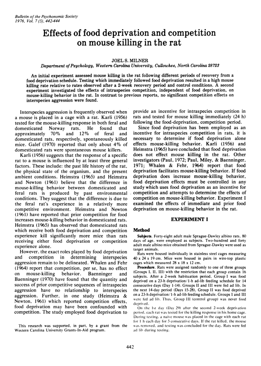 Effects of Food Deprivation and Competition on Mouse Killing in the Rat