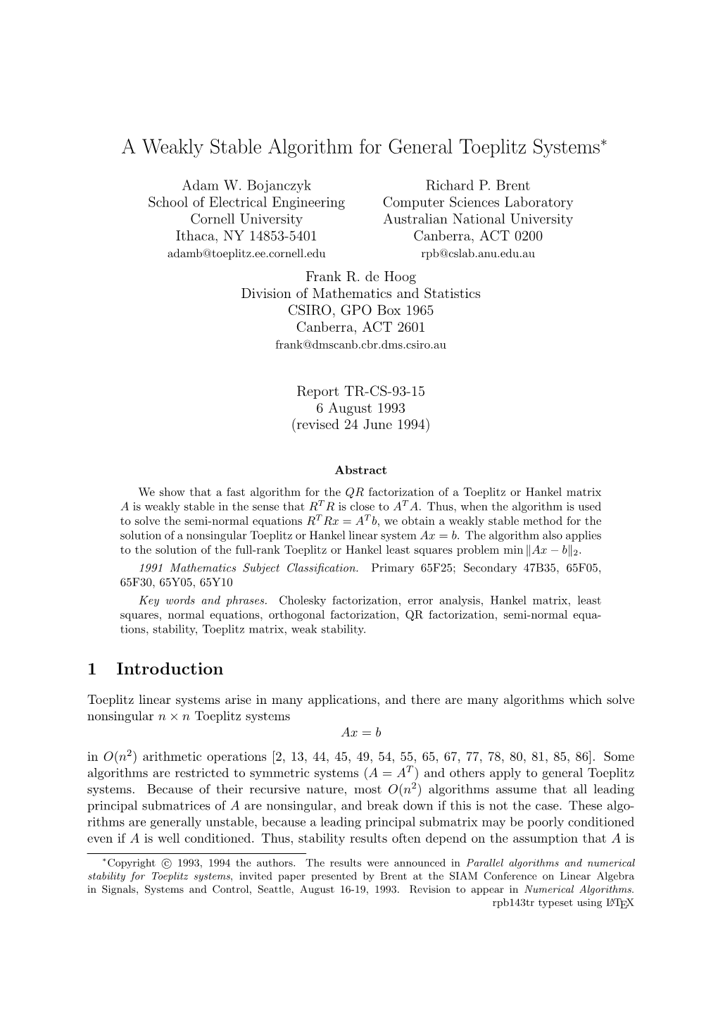 A Weakly Stable Algorithm for General Toeplitz Systems∗