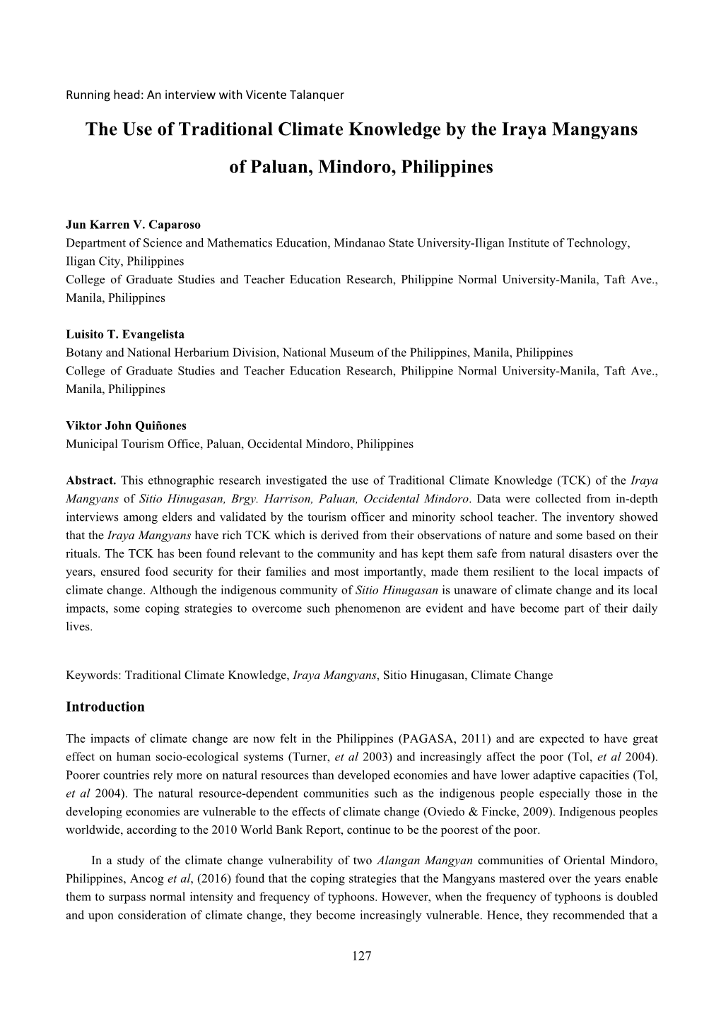 The Use of Traditional Climate Knowledge by the Iraya Mangyans of Paluan, Mindoro, Philippines