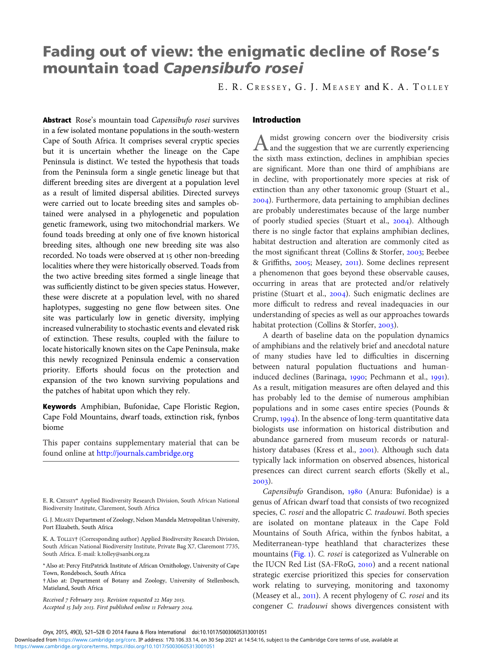 The Enigmatic Decline of Rose's Mountain Toad Capensibufo Rosei