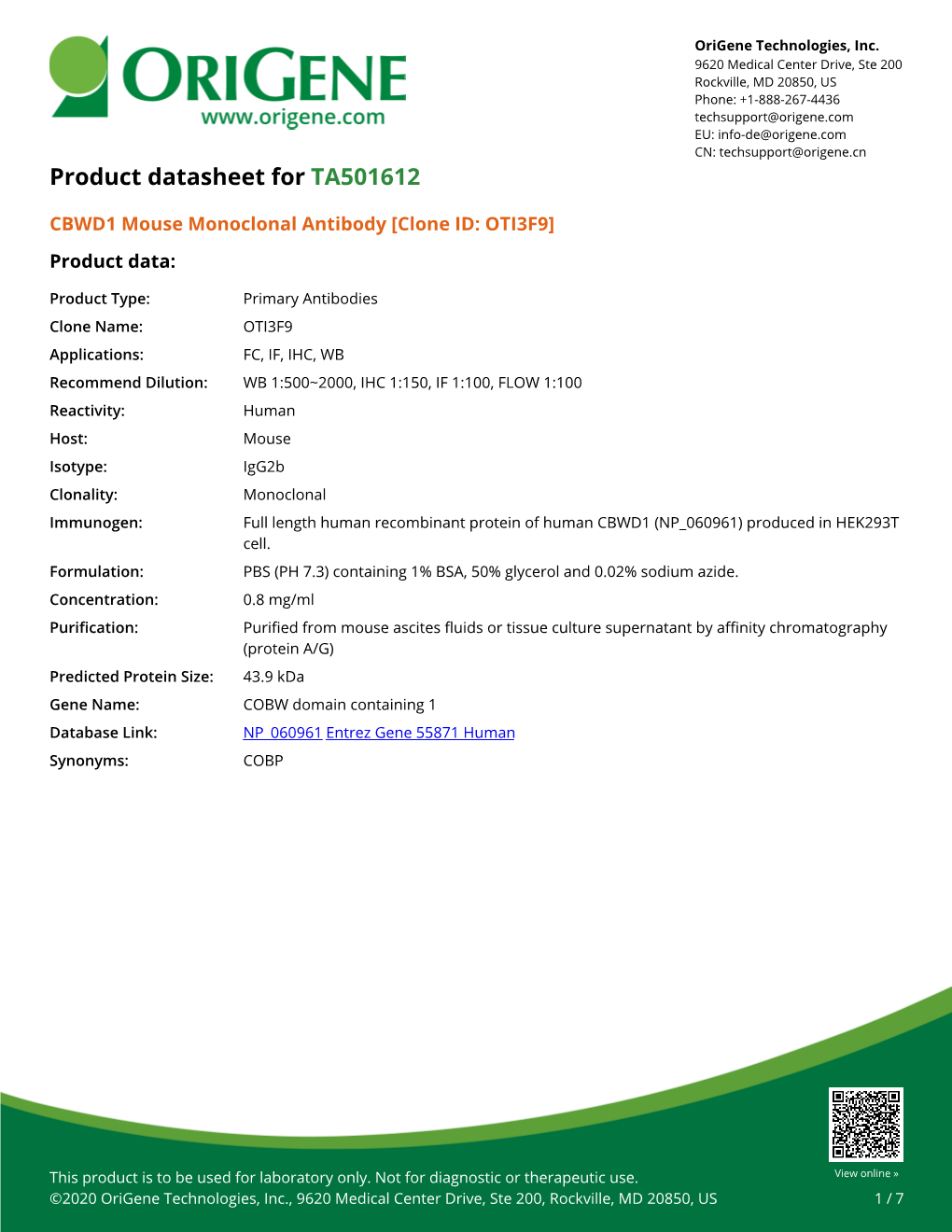 CBWD1 Mouse Monoclonal Antibody [Clone ID: OTI3F9] – TA501612