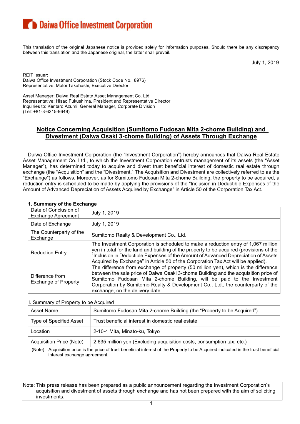 Sumitomo Fudosan Mita 2-Chome Building) and Divestment (Daiwa Osaki 3-Chome Building) of Assets Through Exchange