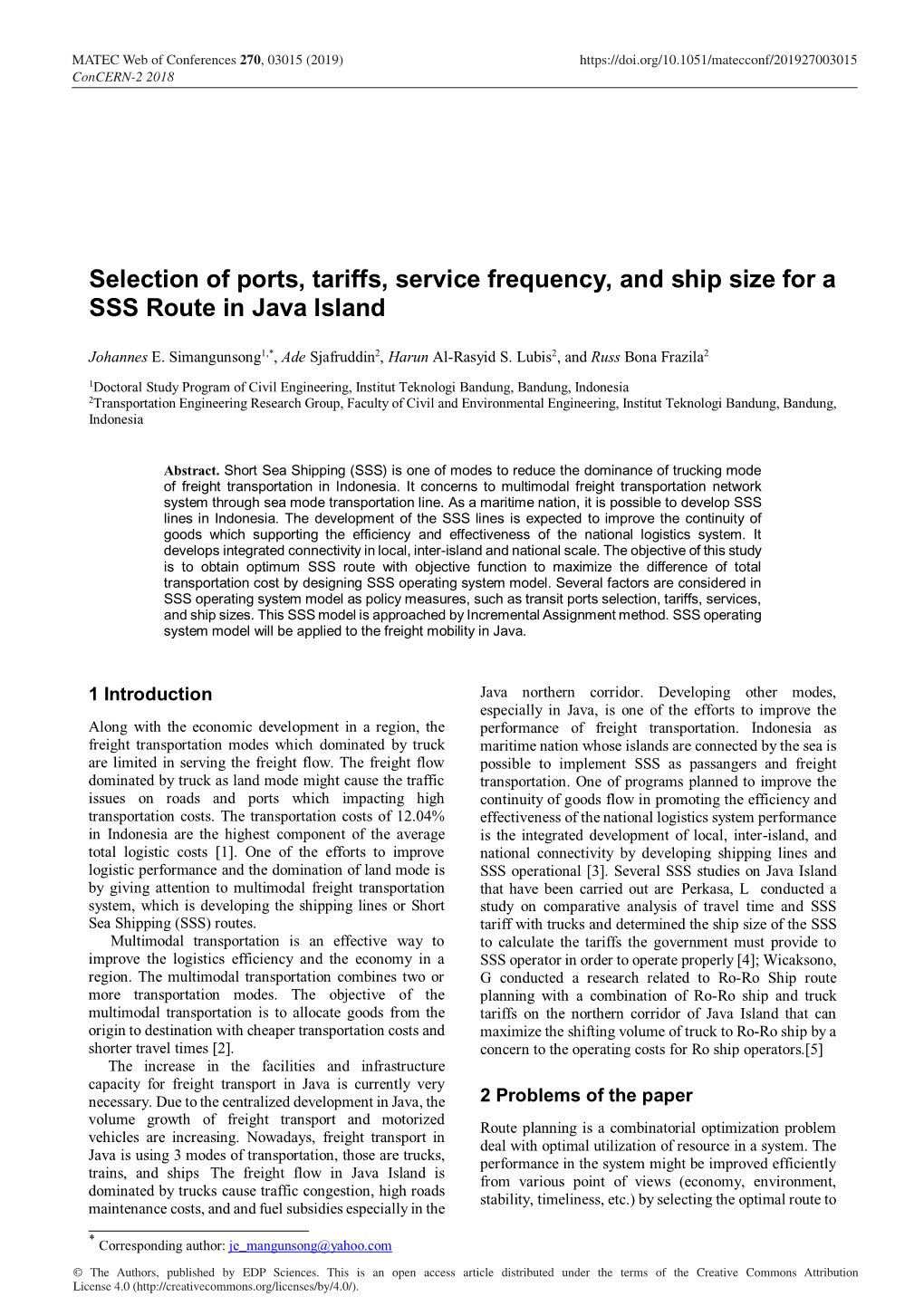 Selection of Ports, Tariffs, Service Frequency, and Ship Size for a SSS Route in Java Island