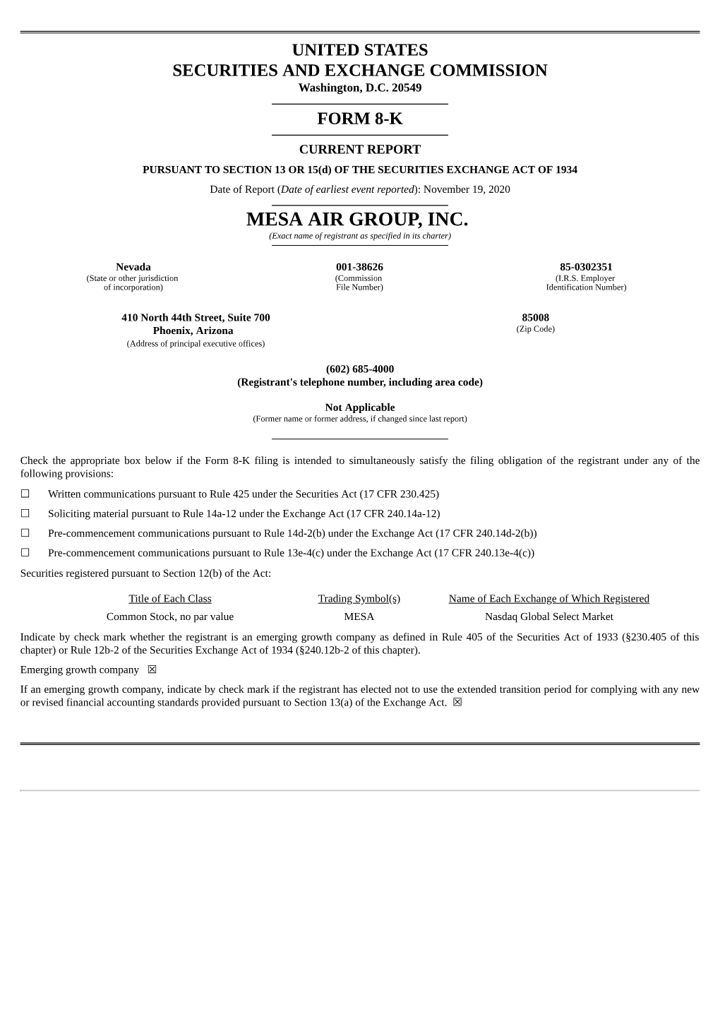 MESA AIR GROUP, INC. (Exact Name of Registrant As Specified in Its Charter)