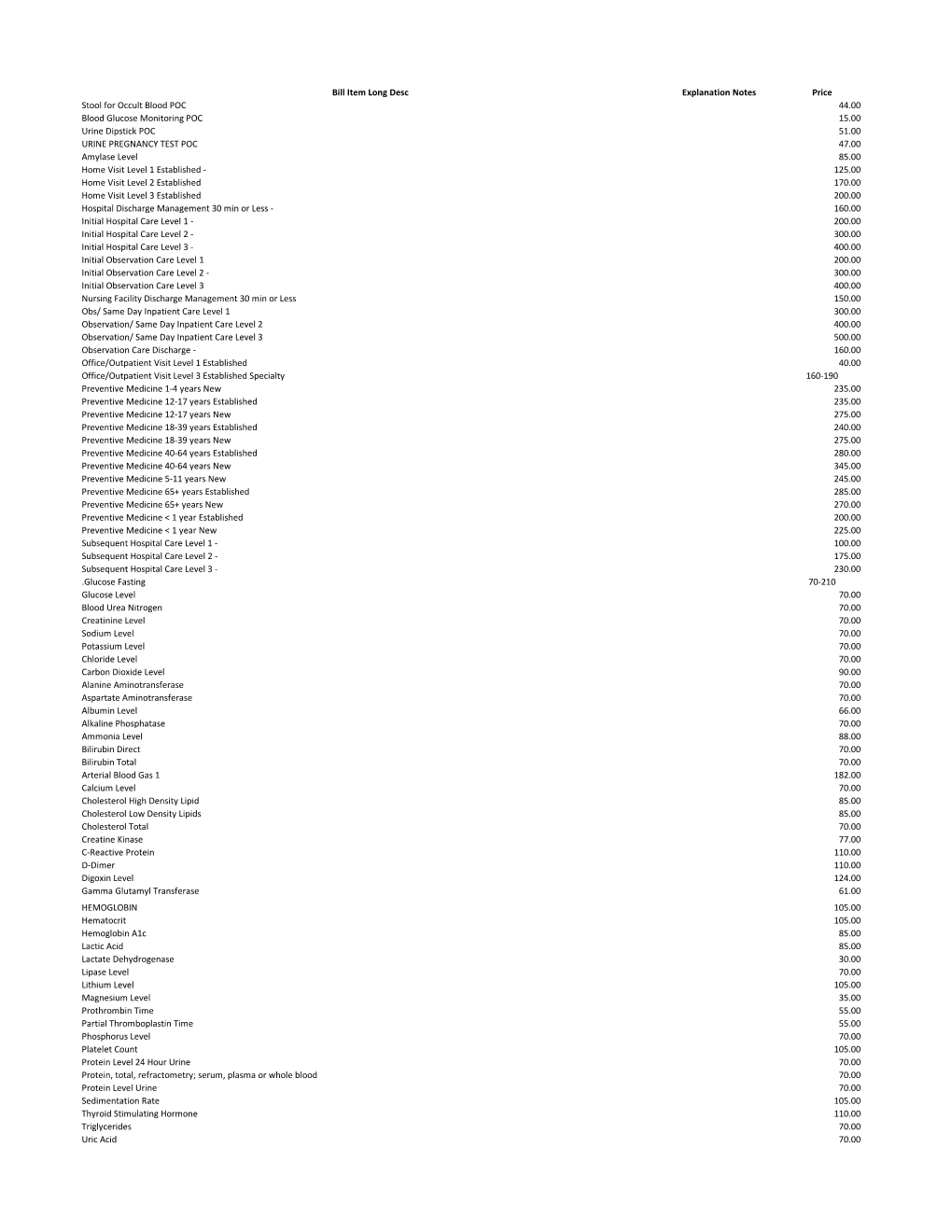 Bill Item Long Desc Explanation Notes Price Stool for Occult Blood POC