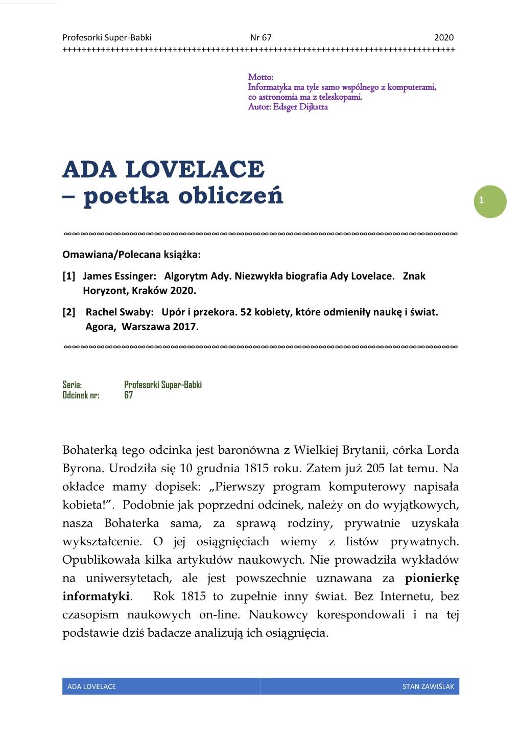 ADA LOVELACE – Poetka Obliczeń