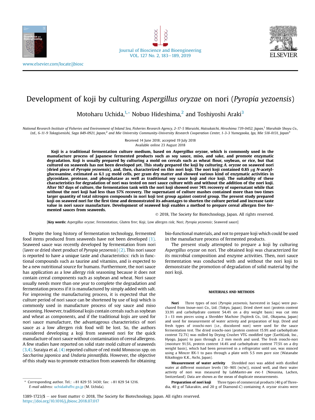 Development of Koji by Culturing Aspergillus Oryzae on Nori (Pyropia Yezoensis)