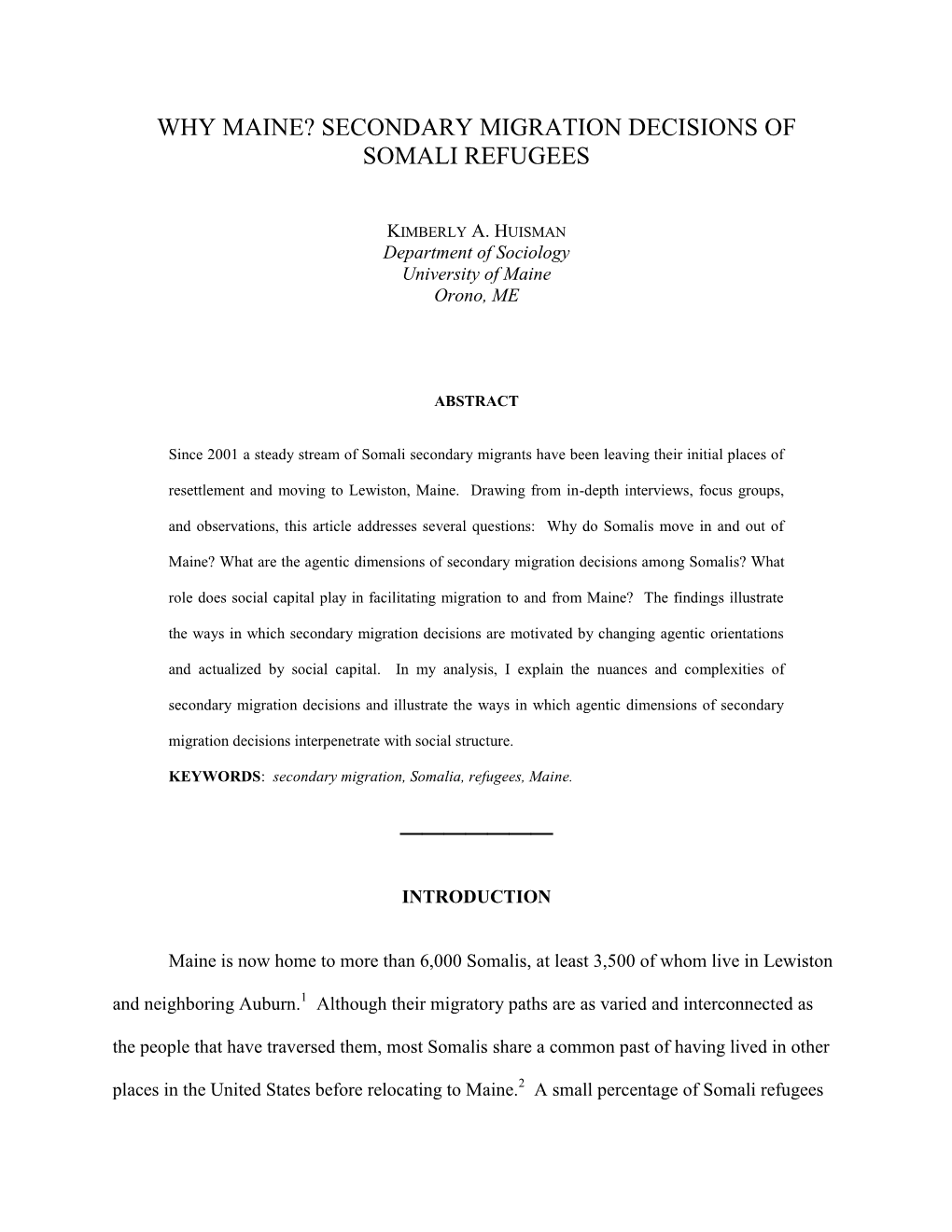 Why Maine? Secondary Migration Decisions of Somali Refugees