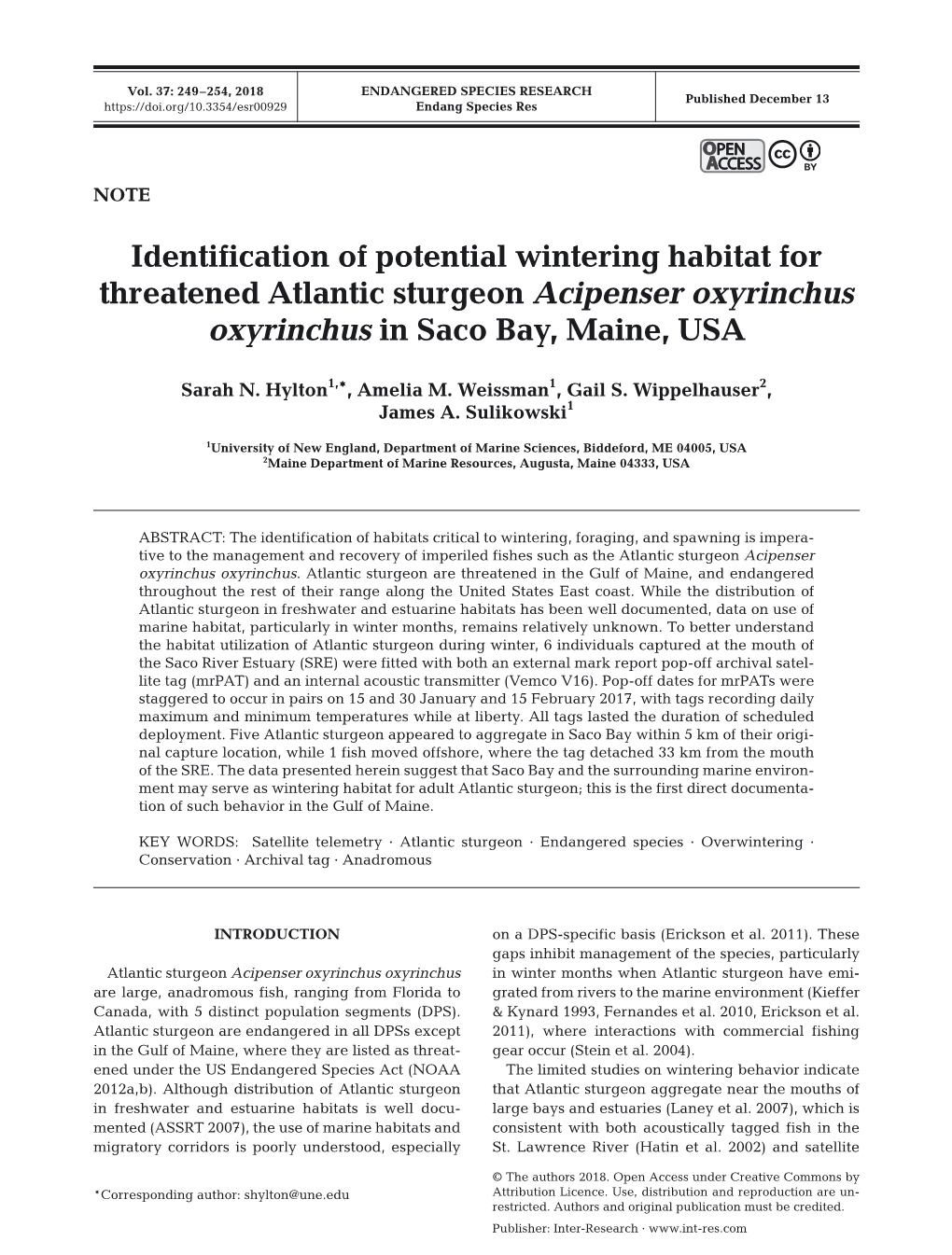 Identification of Potential Wintering Habitat for Threatened Atlantic Sturgeon Acipenser Oxyrinchus Oxyrinchus in Saco Bay, Maine, USA