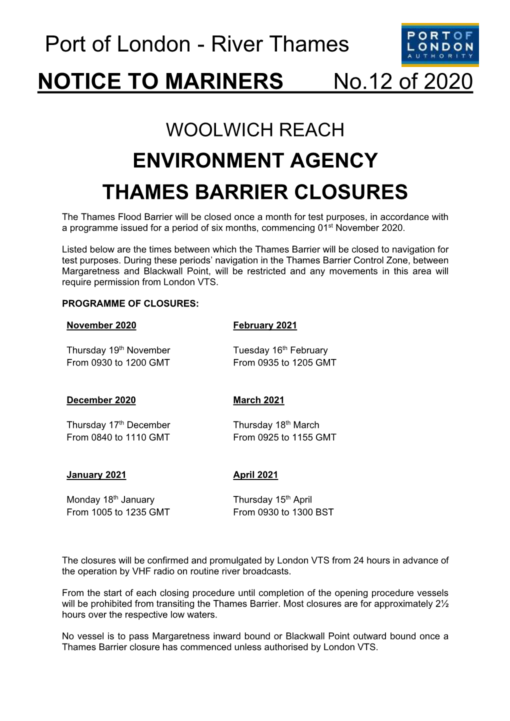 River Thames NOTICE to MARINERS No.12 of 2020