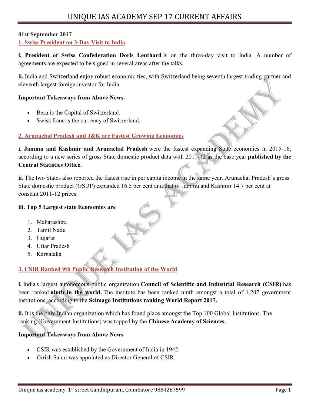 Unique Ias Academy Sep 17 Current Affairs