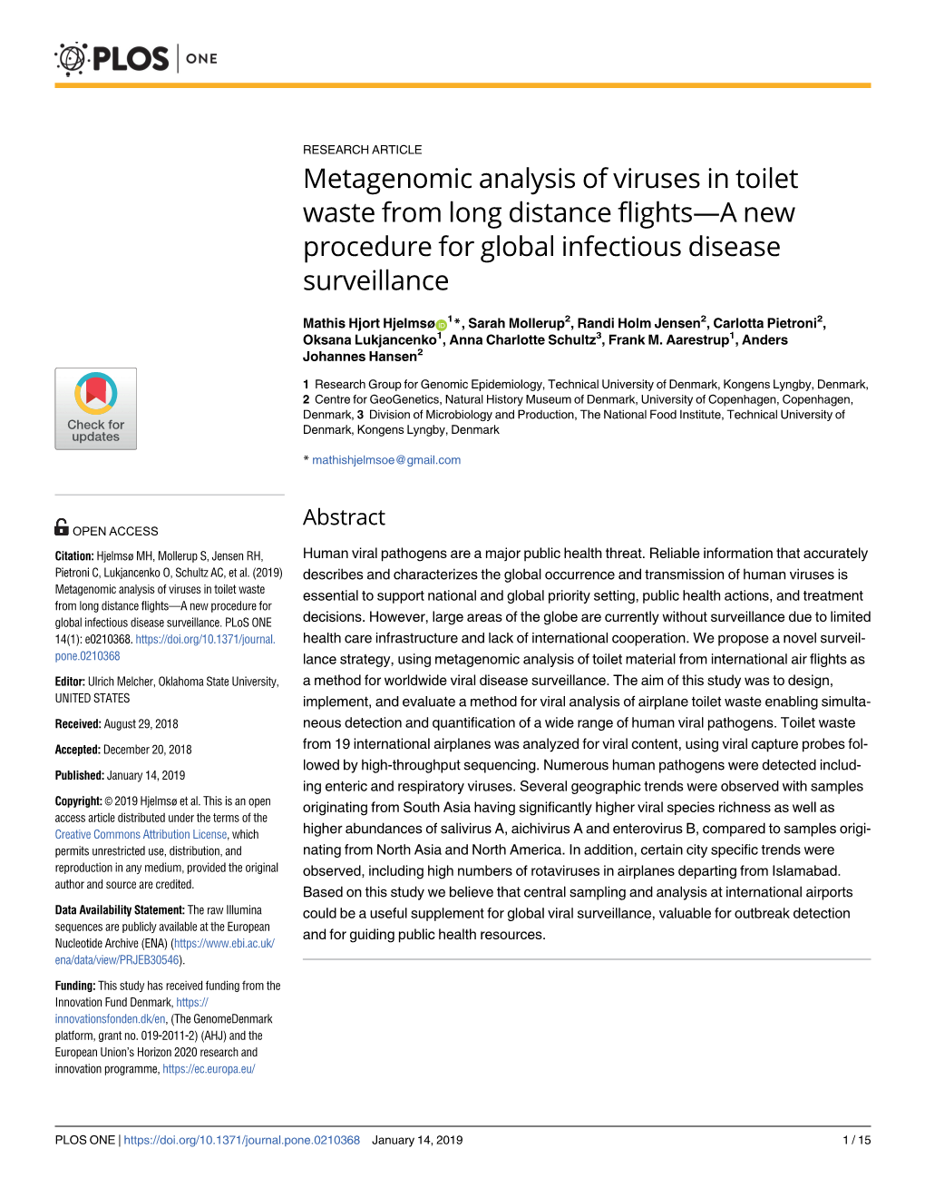 Metagenomic Analysis of Viruses in Toilet Waste from Long Distance Flights—A New Procedure for Global Infectious Disease Surveillance