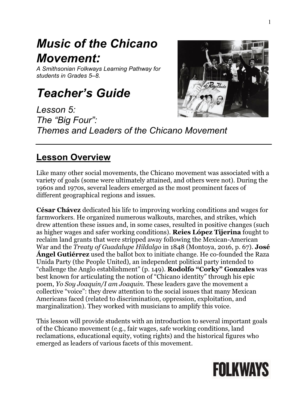 Music of the Chicano Movement: Teacher's Guide