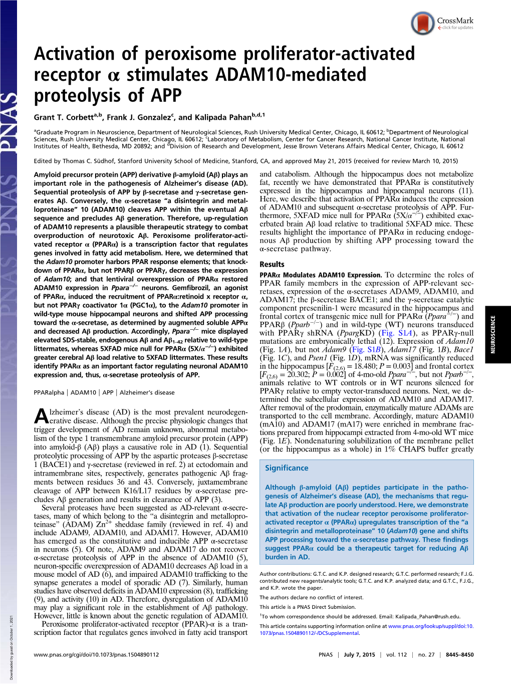 Activation of Peroxisome Proliferator-Activated Receptor Α Stimulates ADAM10-Mediated Proteolysis of APP