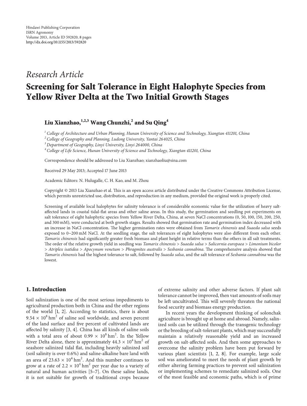 Screening for Salt Tolerance in Eight Halophyte Species from Yellow River Delta at the Two Initial Growth Stages